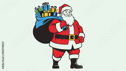 A cheerful cartoon Santa Claus in a red suit carrying a large blue sack filled with Christmas presents.