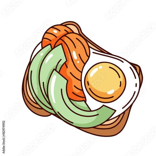 Avocado toast with salmon and egg in groovy cartoon outline style, cute bold lines and bright breakfast details highlighting the avocado toast composition, vector illustration.