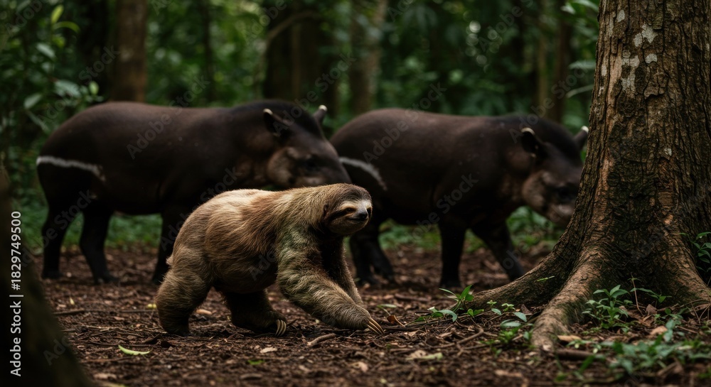 Obraz premium Sloth walking near tapirs in forest environment