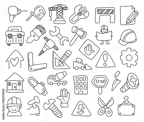 Hand drawn construction and tools icon set, doodle building equipment, safety signs, engineering tools, worker symbols, repair and handyman illustration, industrial and architecture elements