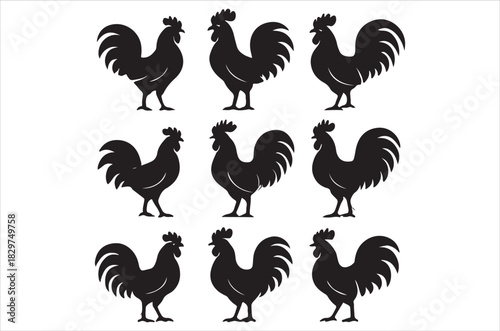 Nine black silhouettes of roosters depicted in various poses and angles