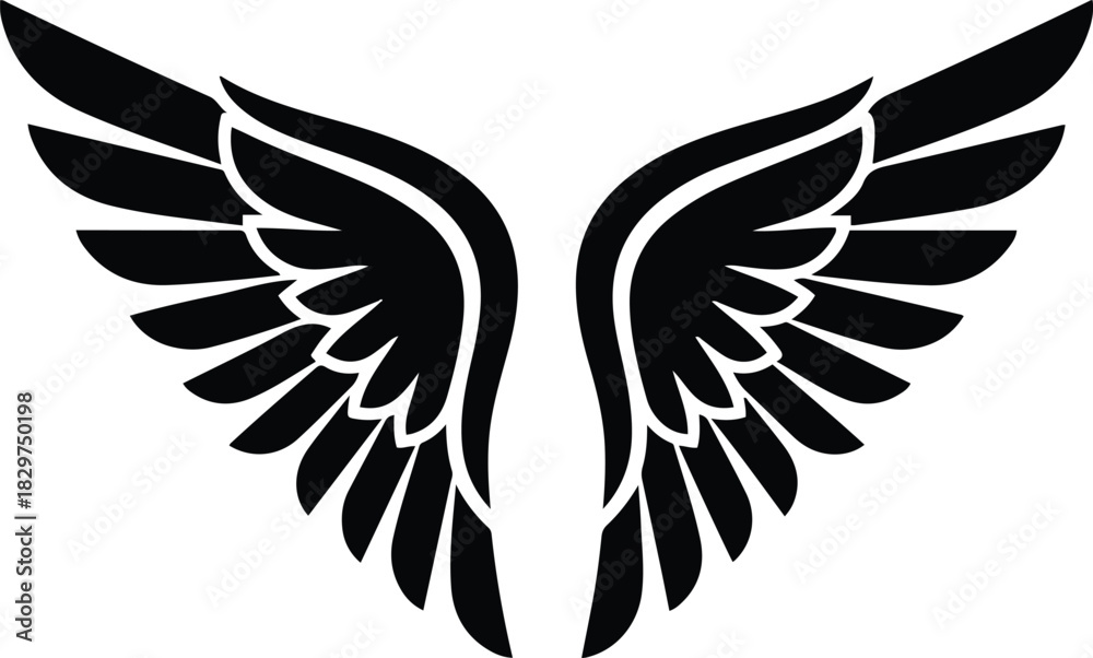 Fototapeta premium A symmetrical black vector silhouette of spread eagle or angel wings