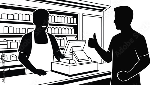 A cheerful female cashier serves a content male customer giving a positive thumbs up gesture