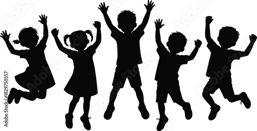 A cheerful group of five young children in black silhouette happily jumping together with arms up