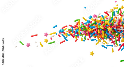 Dynamic, photorealistic macro explosion of vibrant rainbow sugar sprinkles (jimmies, stars) frozen mid-air against a transparent background with copy space. Concept for celebration advertising
