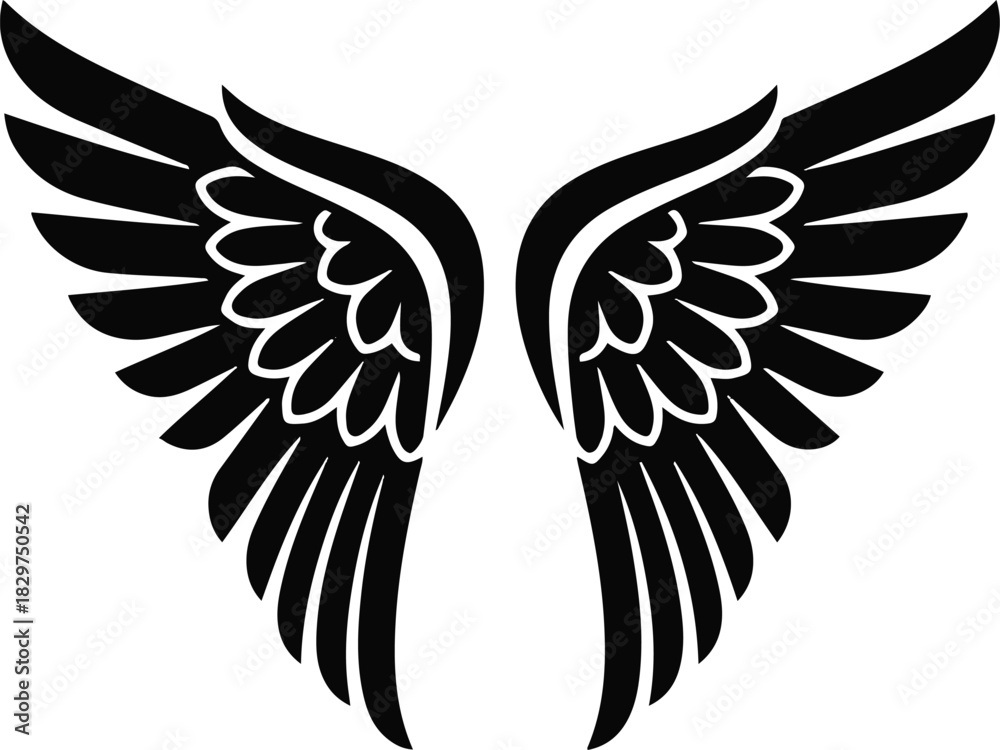 Fototapeta premium A symmetrical black silhouette illustration of a pair of spread wings, featuring stylized feathers and a tribal or logo-like design, suitable for tattoos or emblems.