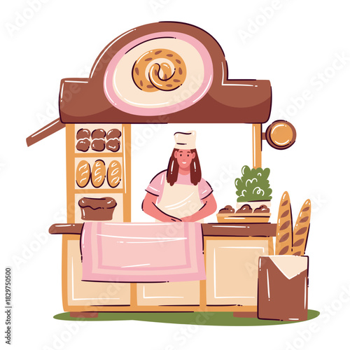 Bakery stall with fresh bread, pastries, baguettes and seller, cartoon doodle style market scene with food display, tasty baked goods and friendly vendor, outline vector illustration.