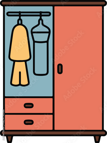 Vector illustration of a two-door wardrobe with an open section showing hanging clothes and drawers