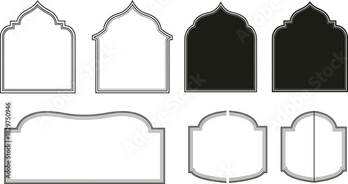 Islamic Arch and Mughal Frame Silhouette Outline Set Vector