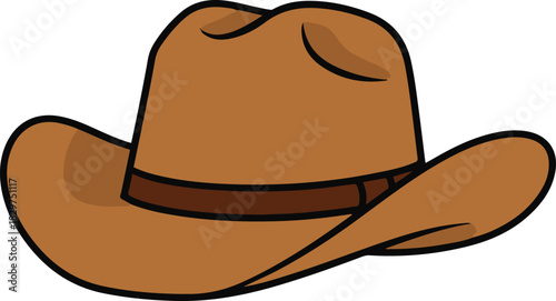 A cartoon illustration of a classic brown cowboy hat featuring a wide curved brim and a dark brown hatband around the indented crown.