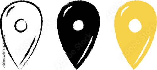 Hand drawn map pins, doodle navigation, sign location. Vector illustration	