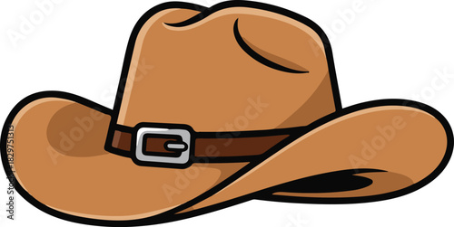 A classic brown cartoon cowboy hat featuring a wide brim and a dark band with a silver buckle.