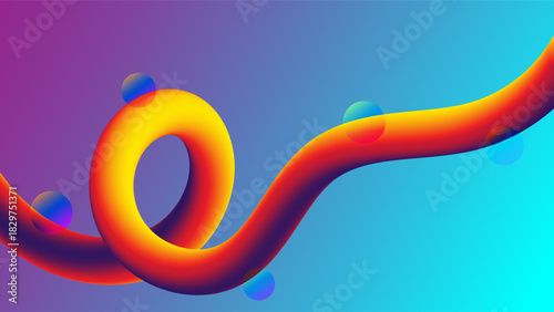 Vibrant abstract background flowing gradient ribbon in orange and red tones with glowing spheres on a smooth purple blue background for modern design, tech graphics, branding, and creative digital 