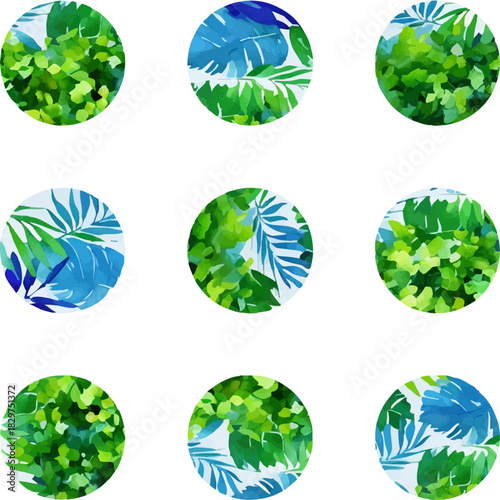 Green and blue leaves framed in 9 circles against the white square; a vector illustration or poster symbolizing freshness of spring, summer, nature, plants, life, growth, environment, eco movement.