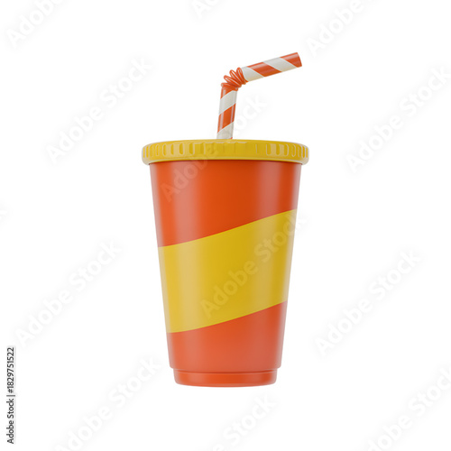 3D render of a soda cup with straw bright colors isolated on white background