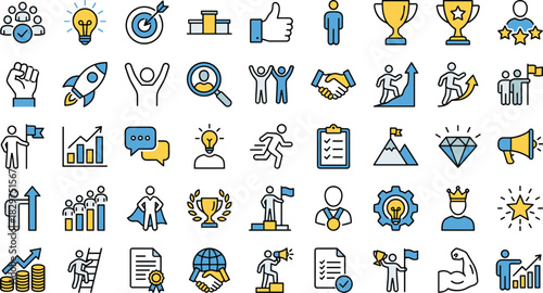 Business and achievement icon set, colorful vector graphics, success, motivation, innovation, teamwork, growth, leadership, goal setting, strategy