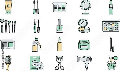 Beauty and cosmetic icon set, makeup tools, skincare products, stylized vector graphics, personal care items, fashion grooming essentials