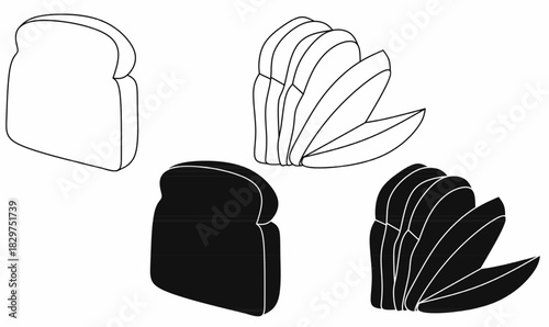 sliced bread icon set in outline and silhouette.for bakery branding, menu design, packaging, nutrition infographic, and food clipart. isolated white background.