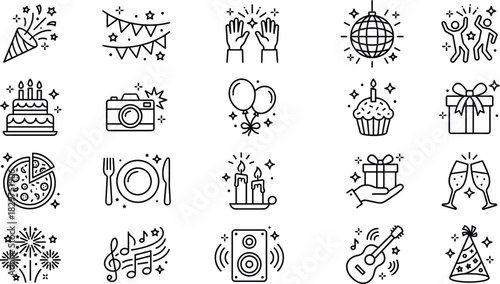 Celebration and party icon set, black line vector, festive symbols, birthday, music, food, gifts, sparkles, event graphics