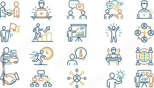 Colorful business and teamwork icon set, vector graphics, productivity symbols, collaboration, leadership, innovation, remote work, growth, strategy