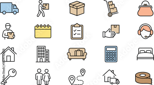Home Relocation, Logistics, Shipping, Packaging, Storage, Real Estate, Transportation, and Customer Support Vector Set