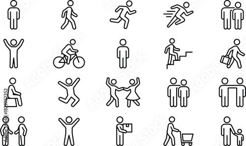 Human activity icon set, black line vector, simplified people actions, walking, running, dancing, teamwork, lifestyle symbols, motion graphics