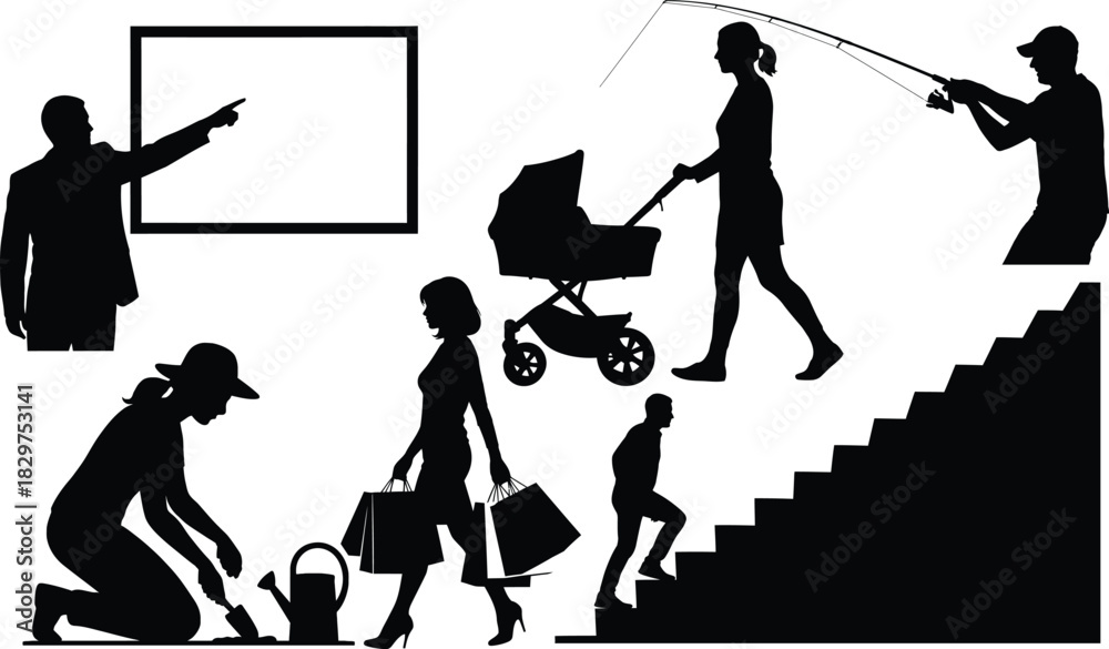Fototapeta premium This is a collection of human silhouette illustrations showing various daily life activities, including teaching, shopping, walking with a baby stroller, gardening, fishing, and climbing stairs. The s