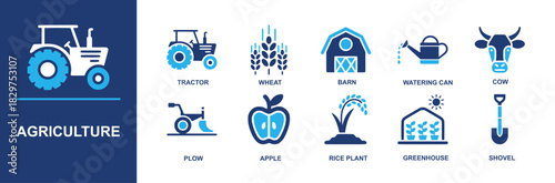 Agriculture icon set. Containing tractor, wheat, barn, watering can, cow, plow, apple, rice plant, greenhouse, shovel, soil, harvest tools and farm equipment for projects and more. Solid vector icons