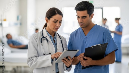 Doctor and nurse collaborating on patient diagnosis using a digital tablet in a hospital ward.