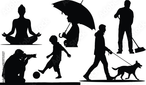 This vector illustration features a set of human activity silhouettes,