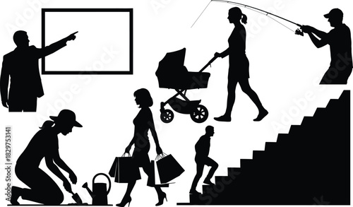 This is a collection of human silhouette illustrations showing various daily life activities, including teaching, shopping, walking with a baby stroller, gardening, fishing, and climbing stairs. The s
