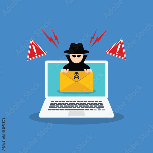 Email data phishing. Cyber thief hide behind spam e-mail. Hacking concept. 	