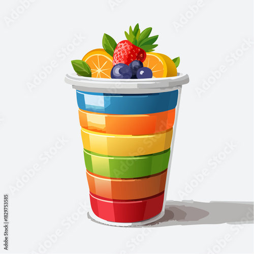 Colorful Layered Drink Cup Topped with Fresh Fruits and Mint Leaves Against a White Background with Soft Shadow