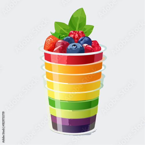 Rainbow layered fruit parfait with fresh berries and mint leaves in a clear plastic cup isolated on a white background vibrant colors healthy dessert refreshment