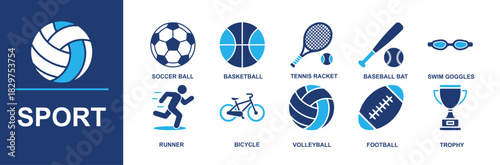 Sport icon set. Containing soccer ball, basketball, tennis racket, baseball bat, swim goggles, runner, bicycle, volleyball, football, trophy and more for clubs, leagues and apps. Solid vector icons UI