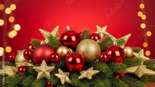 Festive christmas centerpiece with red and gold ornaments on evergreen branches