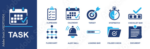 Task icon set. Containing clipboard, calendar, target, stopwatch, checklist, flowchart, alert bell, loading bar, folder check, document and more for planners, dashboards and app. Solid vector icons UI