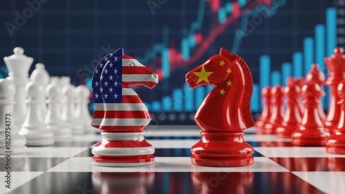 USA and China flags on chess knight pieces symbolizing economic trade war and political conflict with stock market graph in the background.