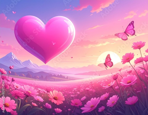 Pink Heart Balloon Floating Over Pink Flowers.