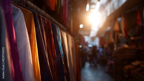 Colorful fabrics displayed in a sunlit market lane with a blurred view of shoppers and stalls