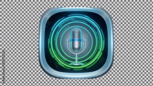 Futuristic Microphone App Icon: Voice Recognition and Digital Sound Recording.