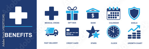 Benefits icon set. Containing medical cross, gift box, bank, calendar, shield, fast delivery, credit cards, stars, clock, growth chart for services, promotions, guarantees and more. Solid vector icons