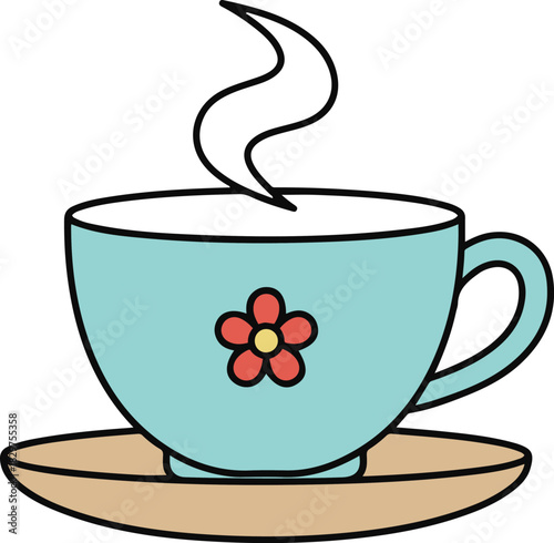 A cute cartoon vector illustration of a steaming light blue teacup and saucer decorated with a red flower,