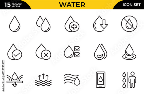 Water outline icons set. Water, filter, drops, waves, drop, sea, drinking water, bottle, cleanliness, aqua. Thin outline icons pack. Vector illustration