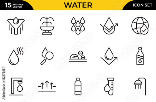 Water outline icons set. Water, filter, drops, waves, drop, sea, drinking water, bottle, cleanliness, aqua. Thin outline icons pack. Vector illustration