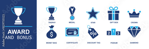 Award and bonus icon set. Containing trophy, medal, star, gift box, crown, money bag, certificate, discount tag, podium, diamond for rewards, loyalty, achievement and more programs. Solid vector icons