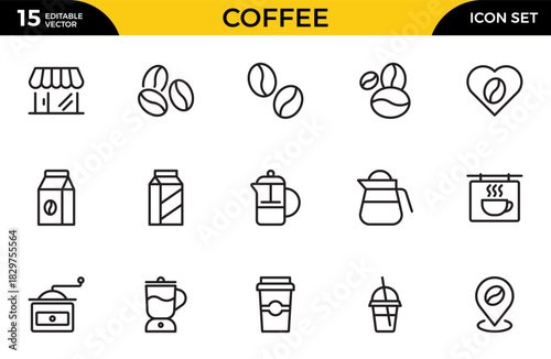 Coffee outline icon set. Icoffee maker machine, beans, Espresso cup. Thin outline icons pack. Vector illustration
