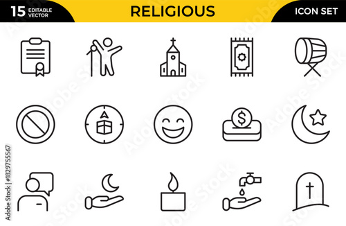 Religious line Icon Set. A meaningful collection of icons representing various faiths and beliefs, perfect for spiritual apps. Thin outline icons pack. Vector illustration