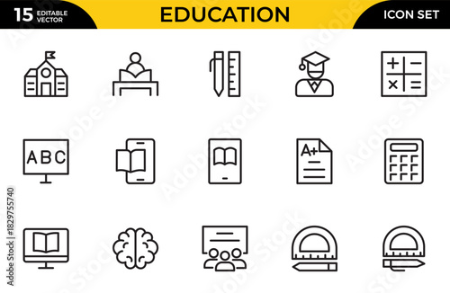 Education line icon set. Containing Education, School, Learning, and more icons. Thin outline icons pack. Vector illustration