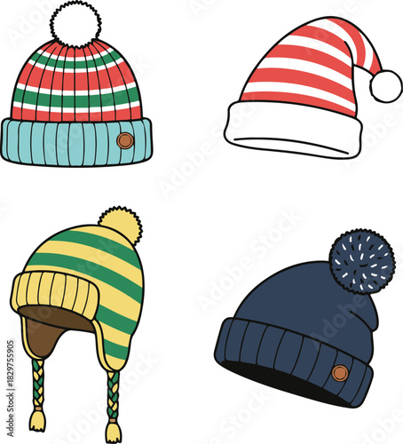 A set of four colorful cartoon winter hats featuring different knitted styles, including a Santa hat, an earflap hat with braids, and striped beanies with pom-poms.